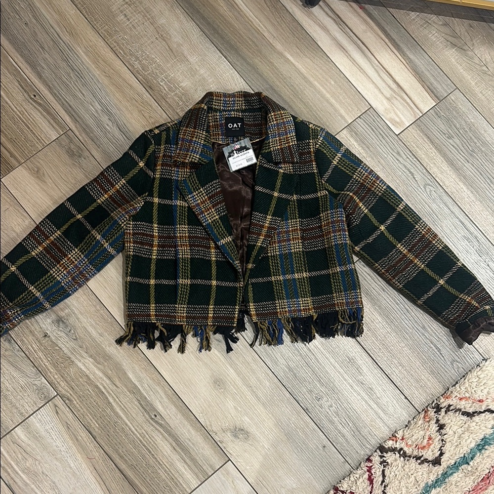 Oat New York Plaid Fringe Blazer - Green and Brown